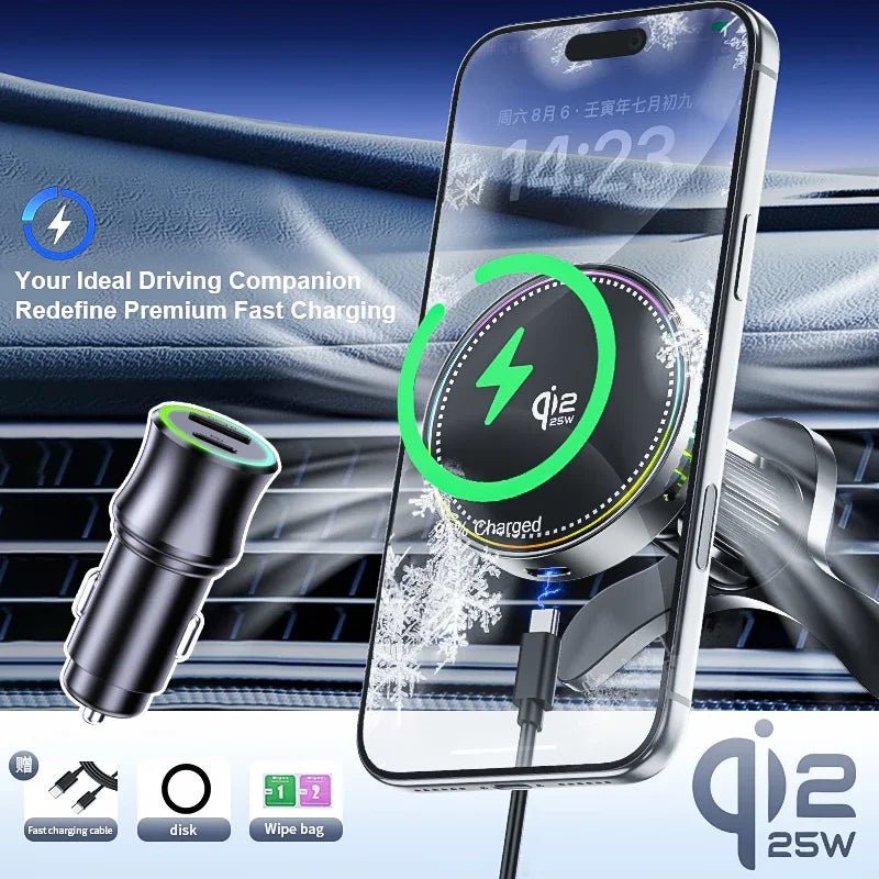 Car Phone Holder Qi2 25W Wireless Charging Vent Mount RGB with Charger - Black