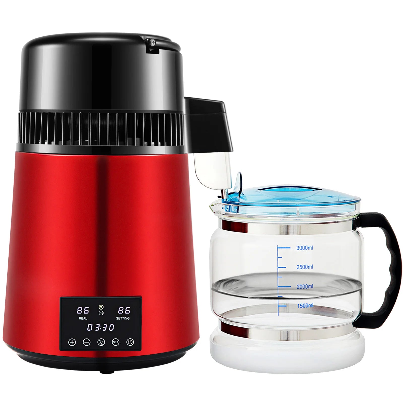 4L Water Distiller Purifier – Filtered Drinking Bottle with Softener, Temp Display & Overheat Protection for Home - Red