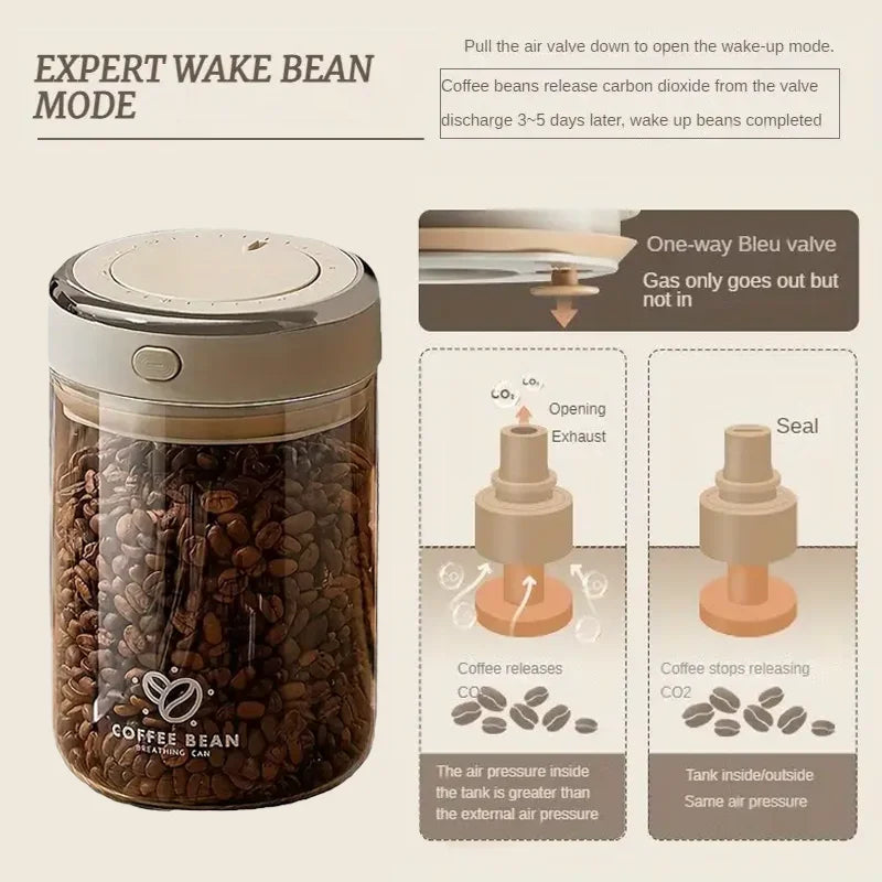 Coffee Canister 1700 mL Glass Airtight Storage Jar with CO2 Valve - Clear