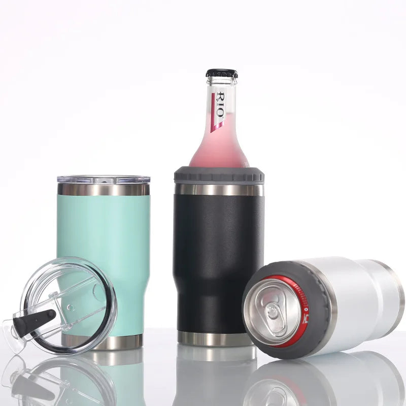 14oz Stainless Steel Insulated Can Cooler Tumbler with Dual Lids and Bottle Opener – White