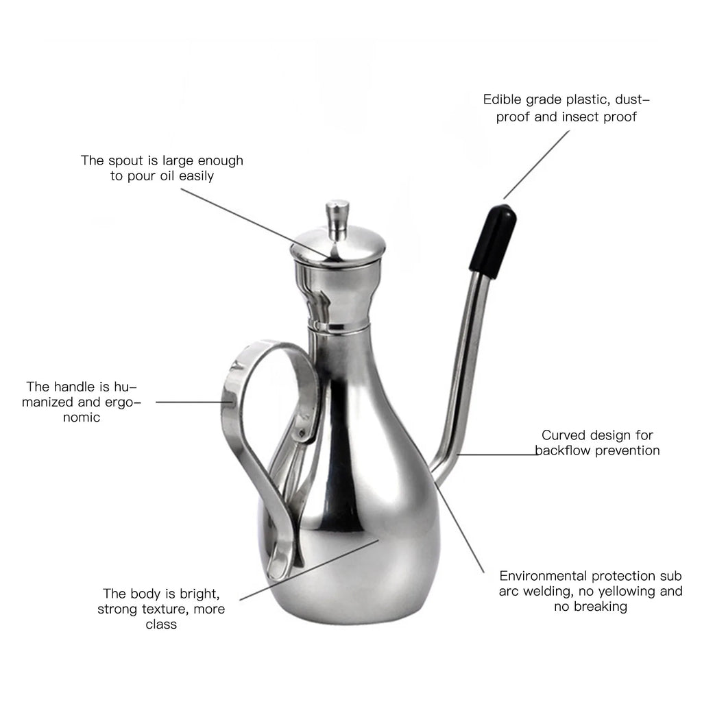 Oil Dispenser Bottle 350mL Stainless Steel Leak Resistant Curved Spout Kitchen Pouring Pot