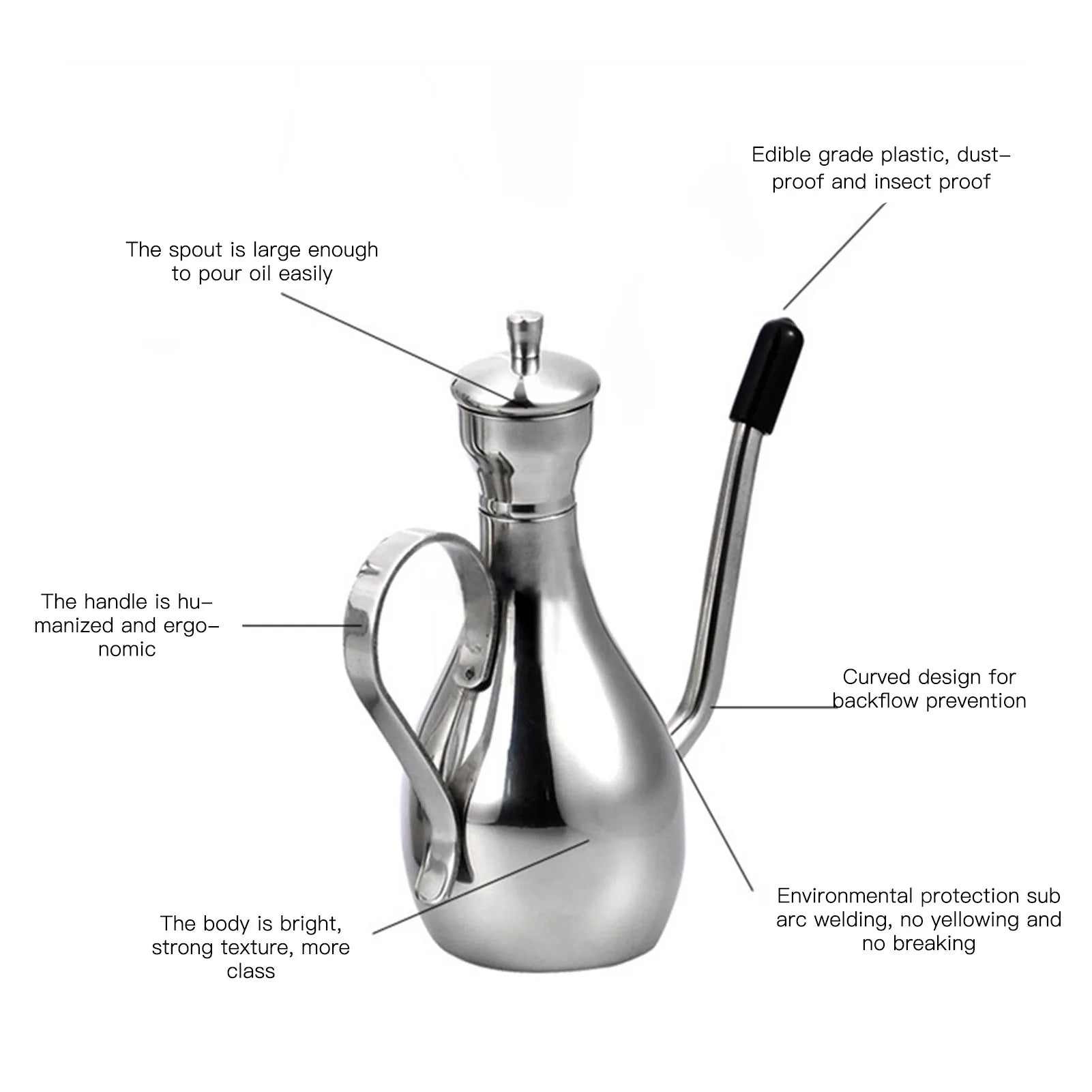 Oil Dispenser Bottle 350mL Stainless Steel Leak Resistant Curved Spout Kitchen Pouring Pot
