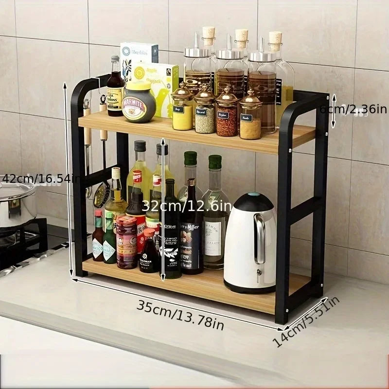 Kitchen Bench Shelf 2 Tier Iron Countertop Storage Rack Organiser - Natural Wood