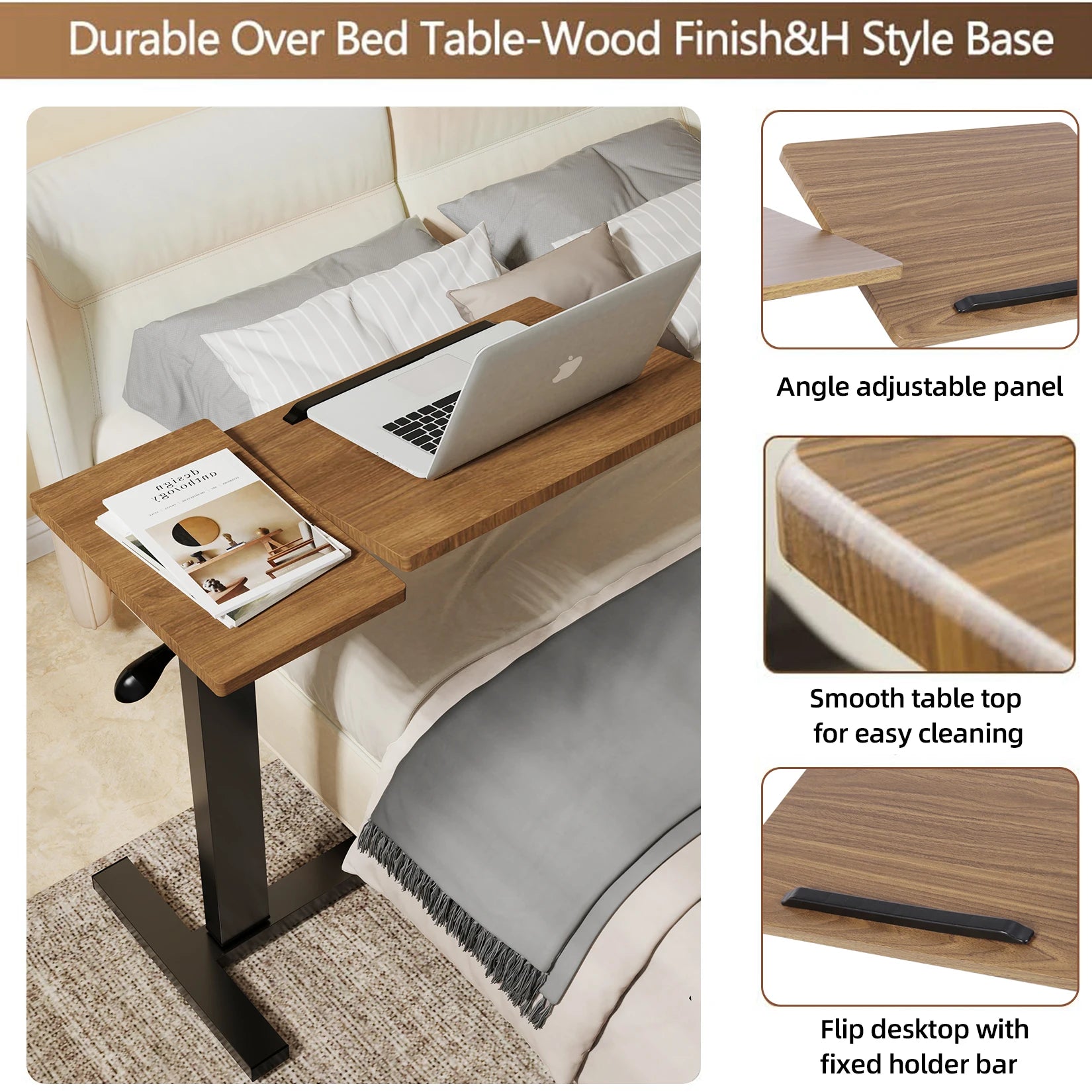 Height Adjustable Overbed Table with Rolling Wheels Mobile Laptop Desk Bedside Workstation – Brown