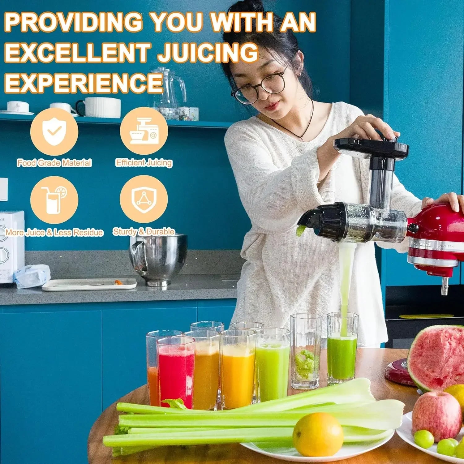 Masticating Juicer Attachment Slow Juice Extractor Accessory with Cleaning Brush for Stand Mixer – Black