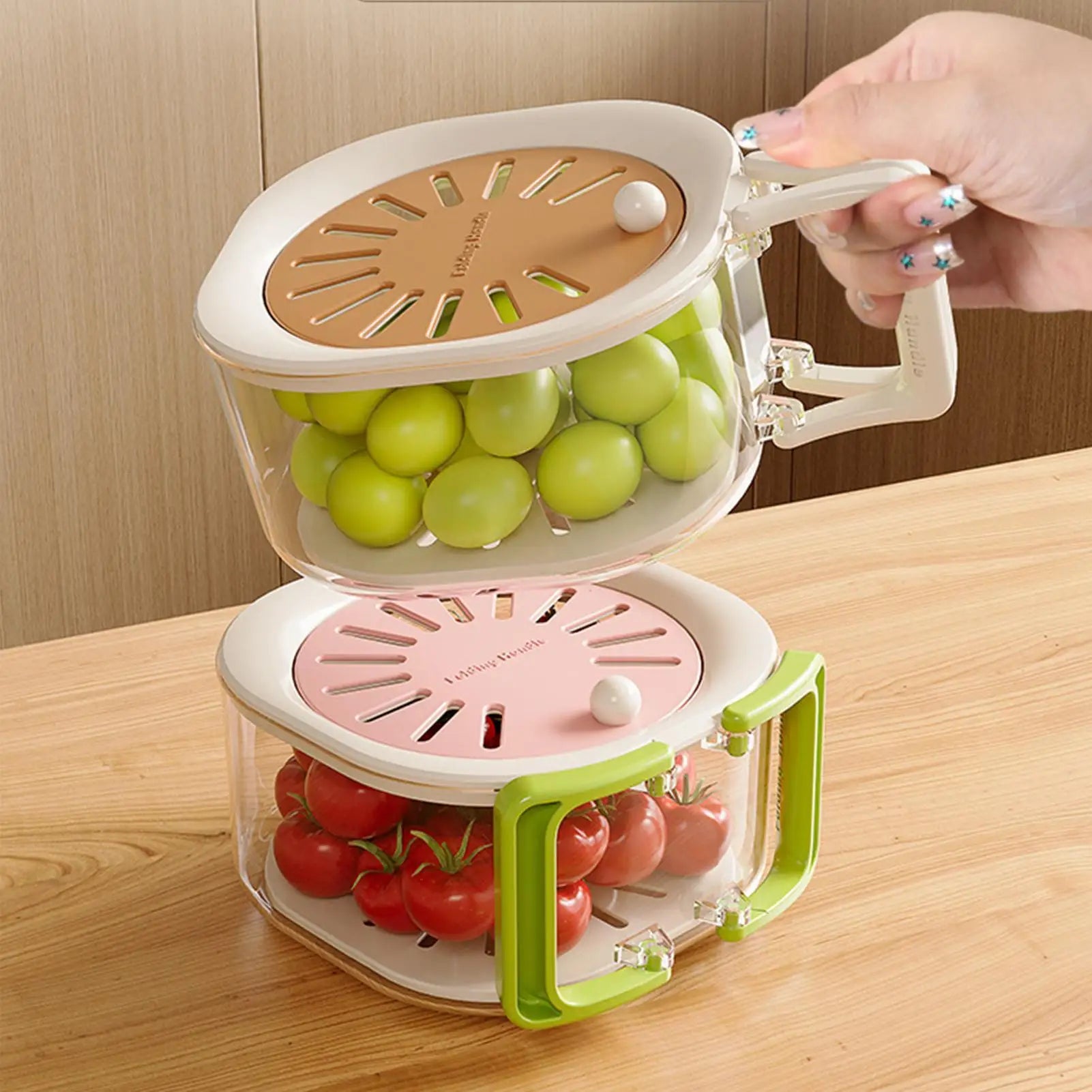 Fruit Washing Bowl 16cm Foldable Handle Drain Basket with Strainer Fresh Food Storage Container