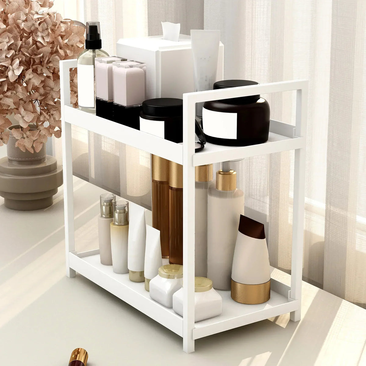 2 Tier Under Sink Organizer Sliding Storage Rack Hooks Bathroom Kitchen - Black