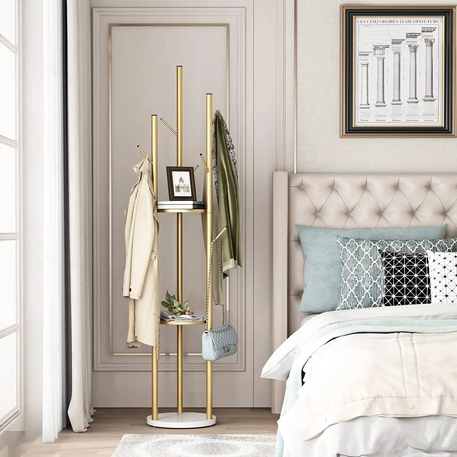 Coat Rack Stand 172cm Metal Hall Tree with Marble Shelf 9 Hooks Freestanding - Gold