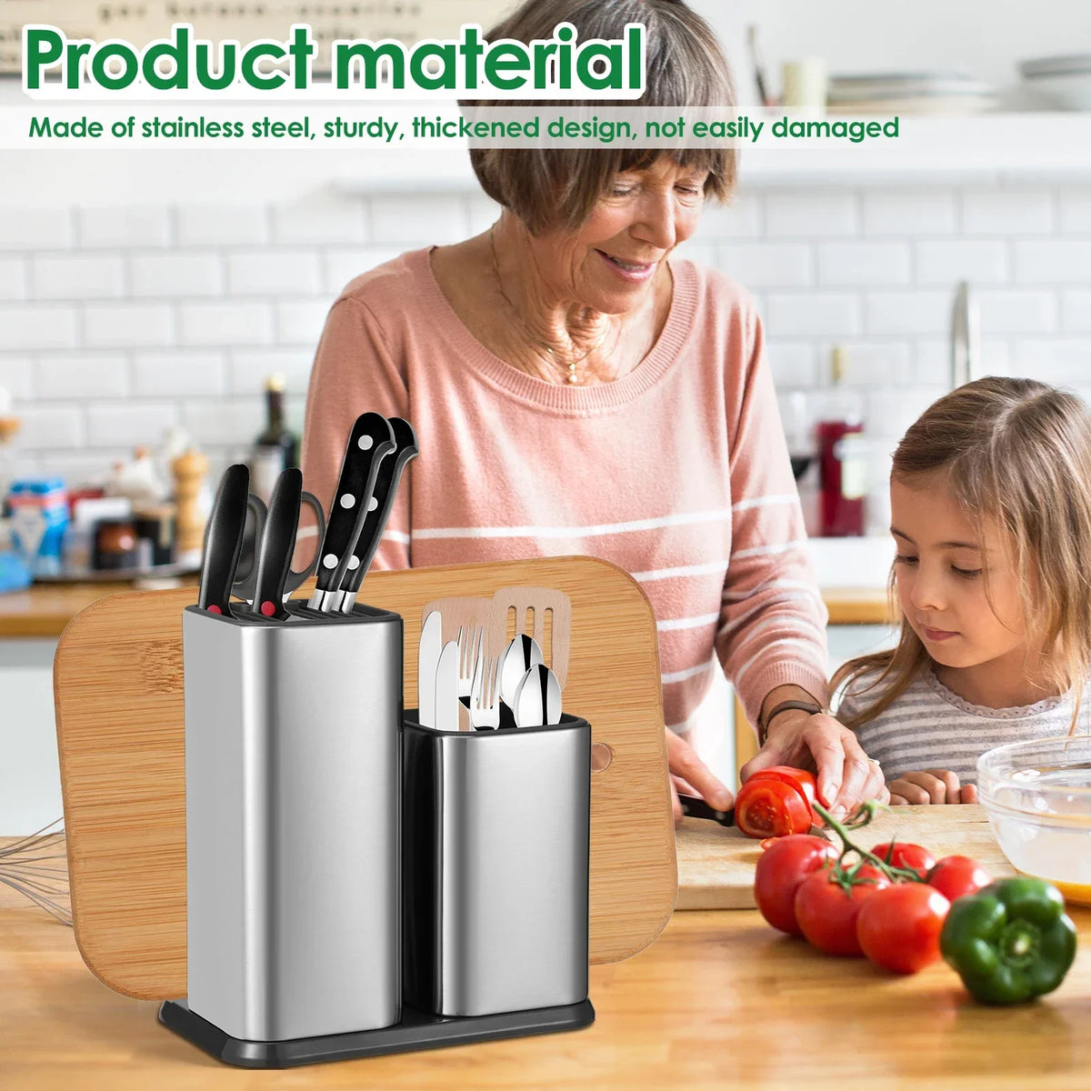 Knife and Utensil Holder 22 cm Stainless Steel Countertop Cutlery Organiser with Removable Sections