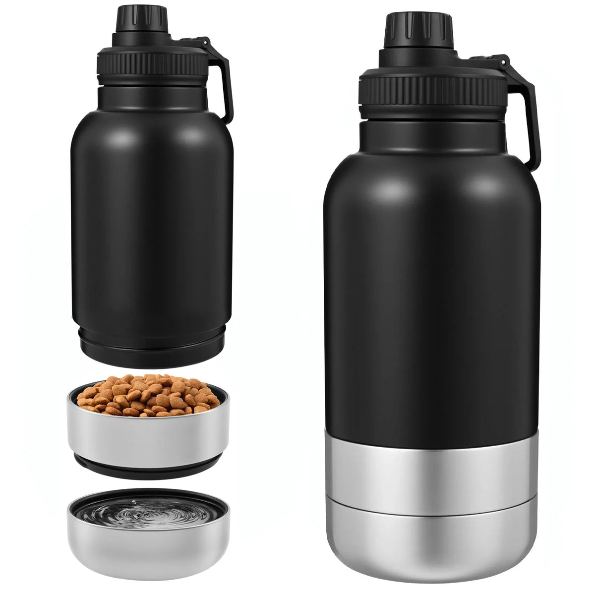 Dog Water Bottle 946 mL Stainless Steel Travel Dispenser with 2 Bowls - Black