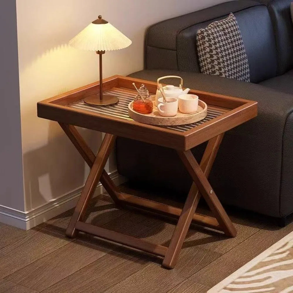 Side Table Foldable Bamboo Small Coffee End Unit with Lower Shelf – Natural