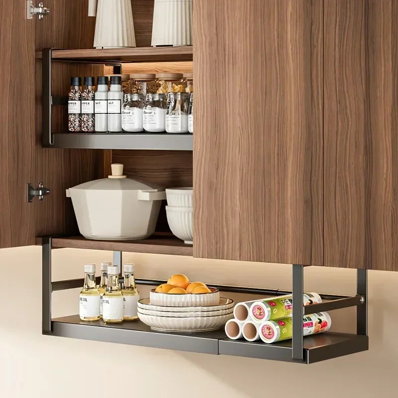 Stainless Steel Shelves Adjustable Spice Stand – Metal Expansion Cabinet Rack – Kitchen Hanging Seasoning Organizer – Black