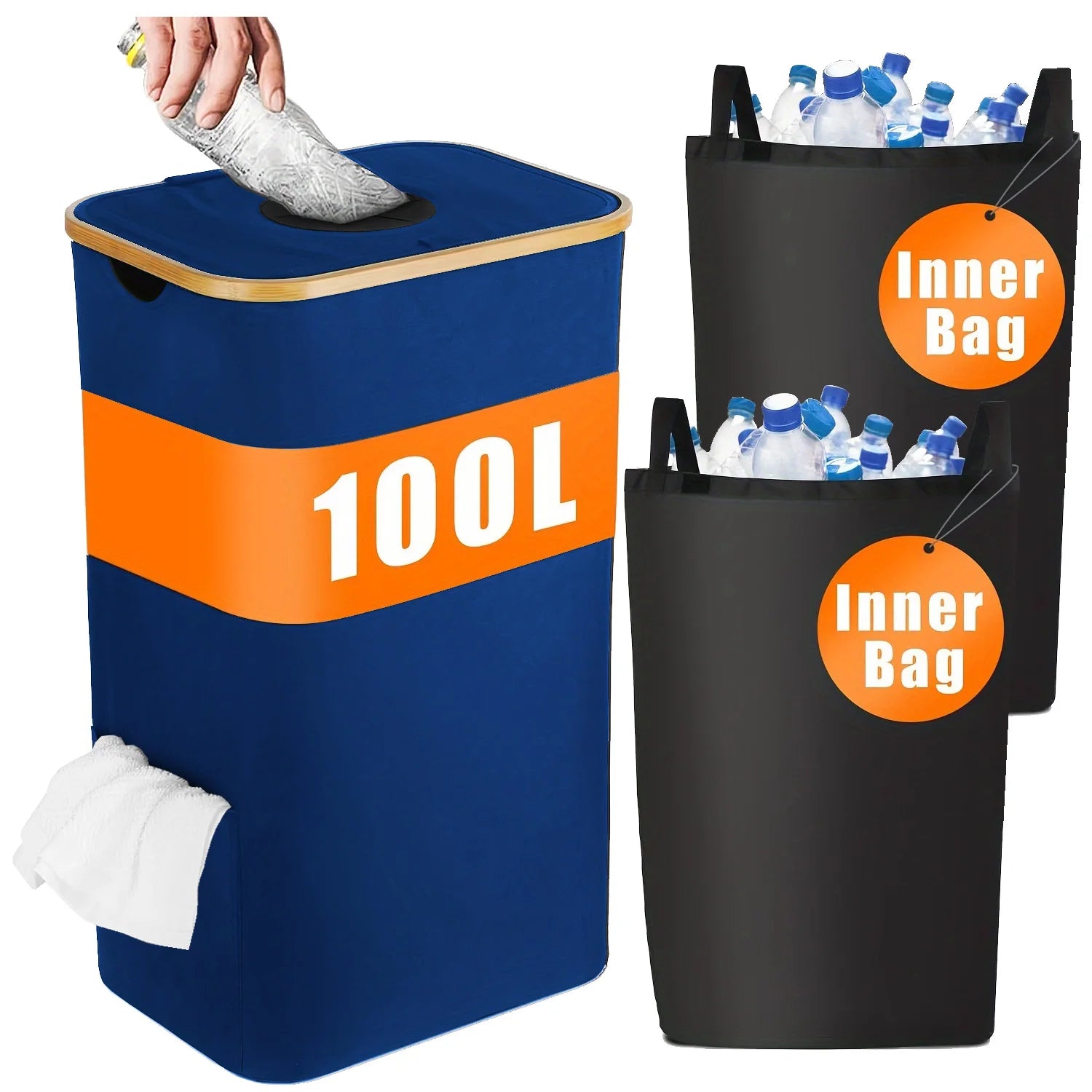 Storage Basket Foldable Bottle Organizer Tote Bag Bamboo Frame - Blue