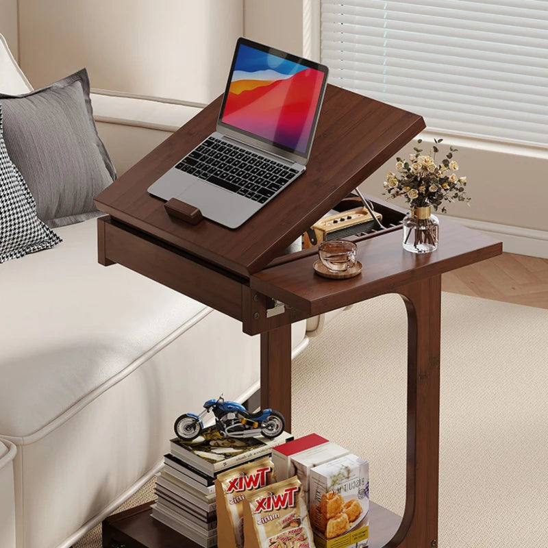 Mobile Side Table Adjustable Laptop Desk Bamboo Sofa End Table with Storage Shelf – Walnut