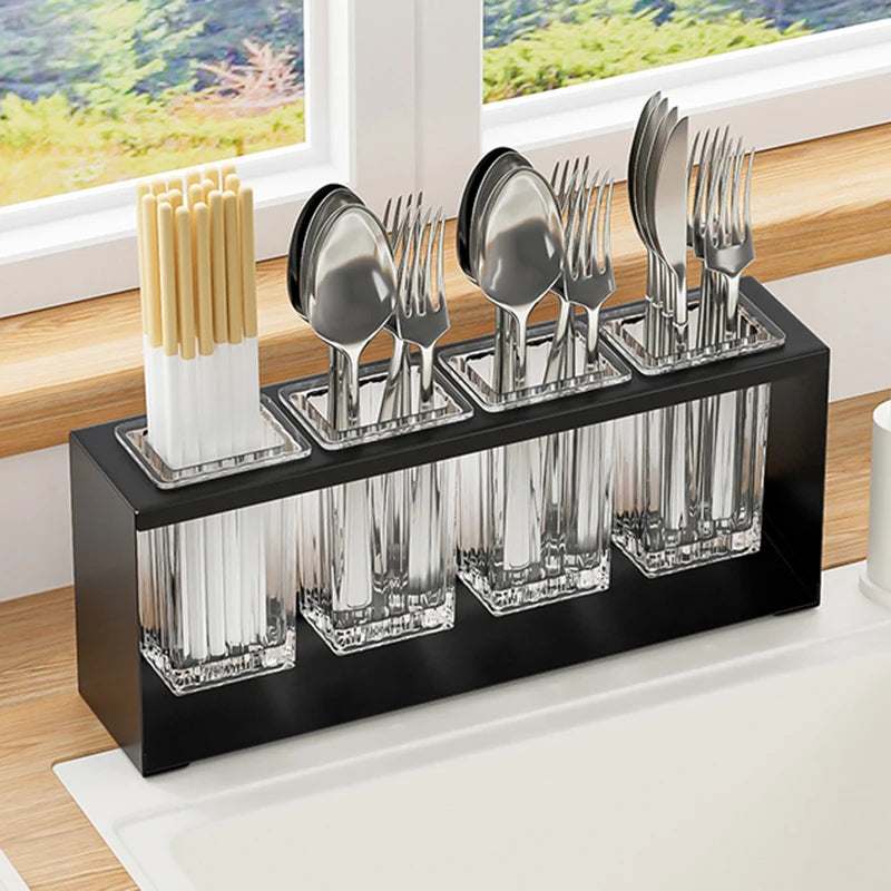 Cutlery Holder 4 Compartment Auto Draining Kitchen Utensil Drying Rack Countertop Organiser – White