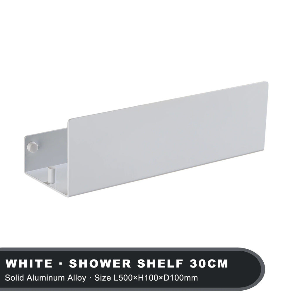 Bathroom Shelf 30cm Wall Mounted Aluminum Storage Rack Single Tier Organizer with Hooks - White
