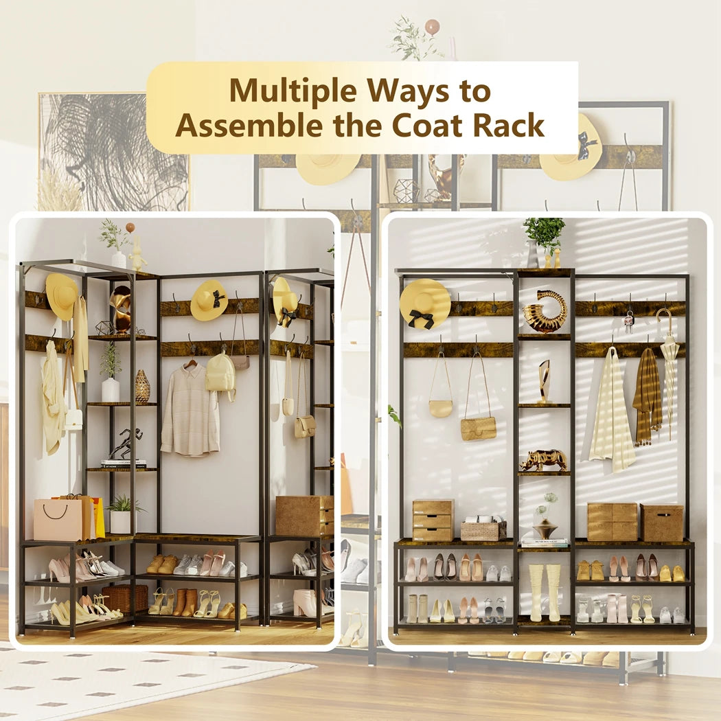 Heavy Duty Hall Tree Coat Rack with Shoe Bench and Shelves Freestanding Entryway Organizer - Black
