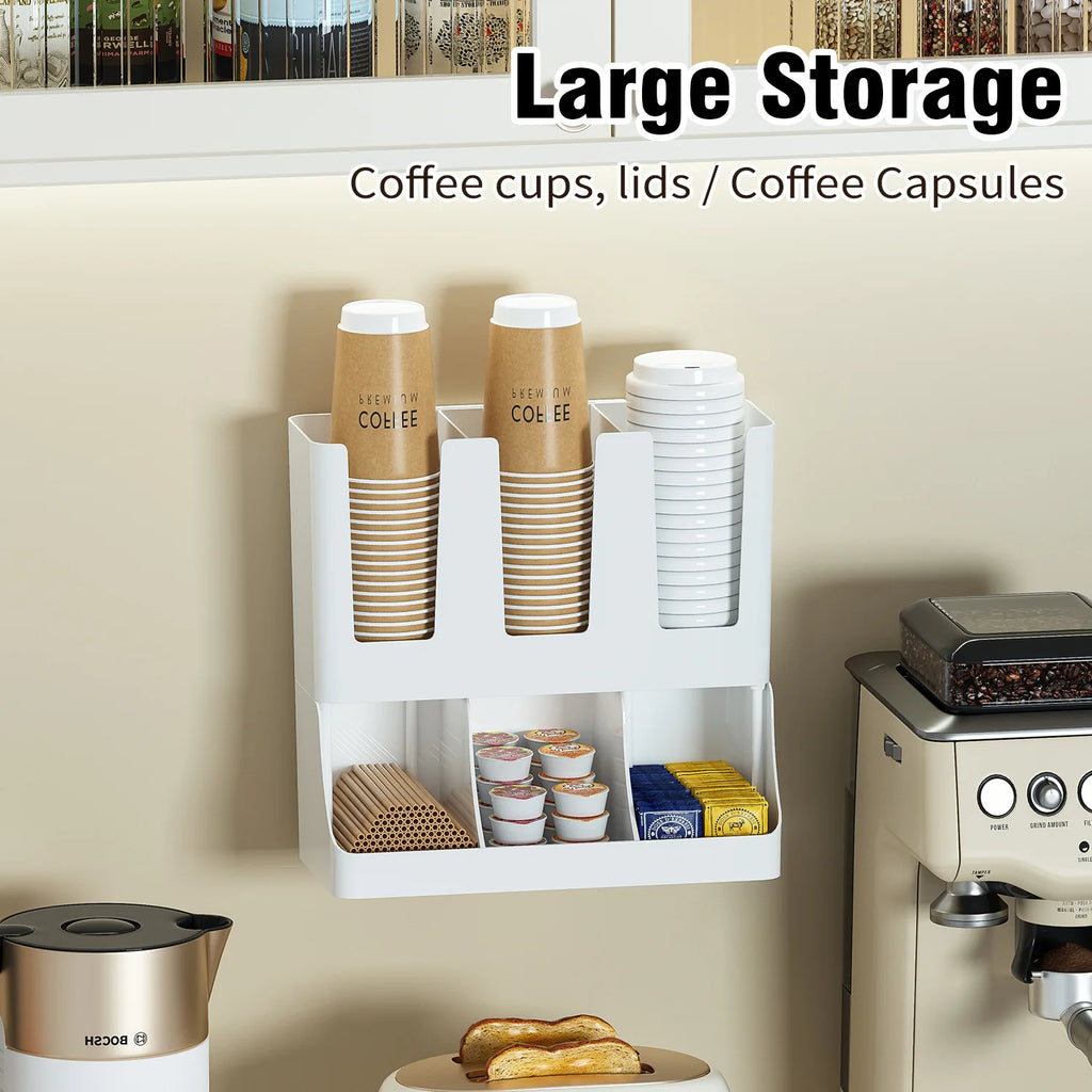 Coffee Station Organiser Wall Mounted Countertop Cup and Condiment Storage Rack - White