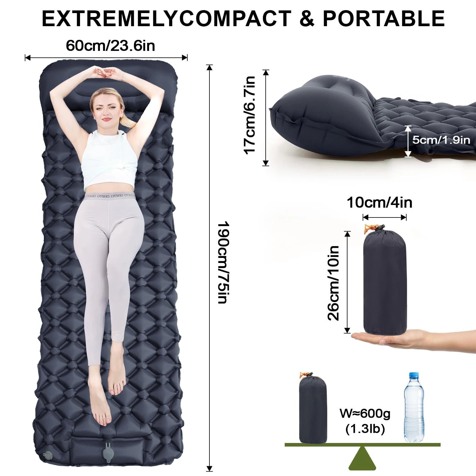 Camping Sleeping Pad Inflatable Mattress 190cm Ultralight Air Bed with Built in Foot Pump - Royal Blue