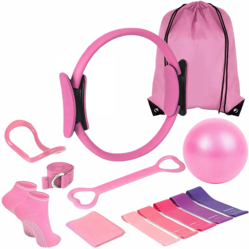 Yoga Circle Fitness Set 13 Piece Stretching and Core Training Equipment for Home Workouts - Pink