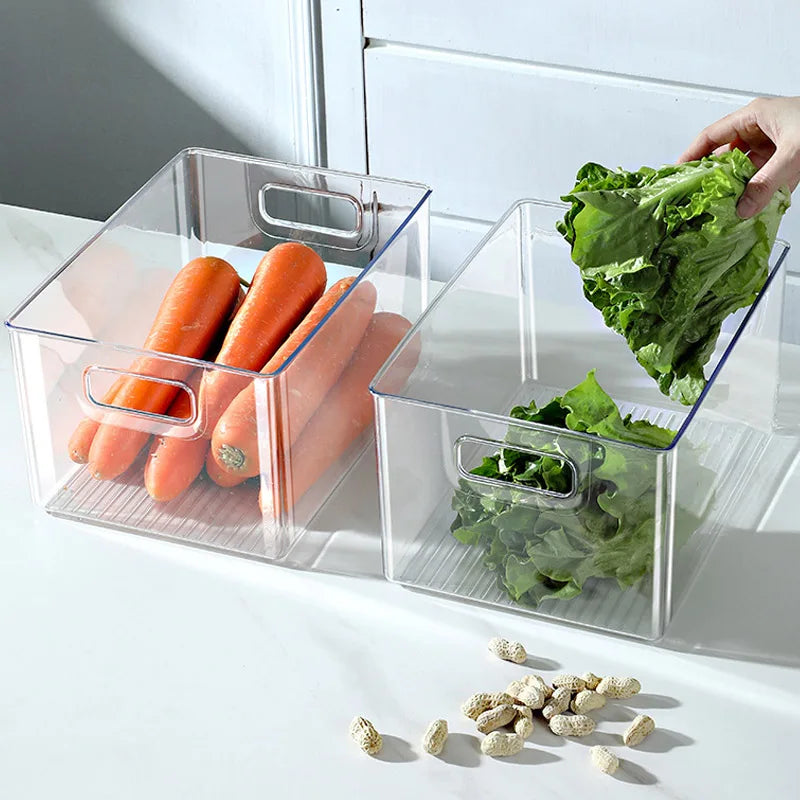 Large Refrigerator Storage Bin Transparent Stackable Food Organizer Container with Carry Handles