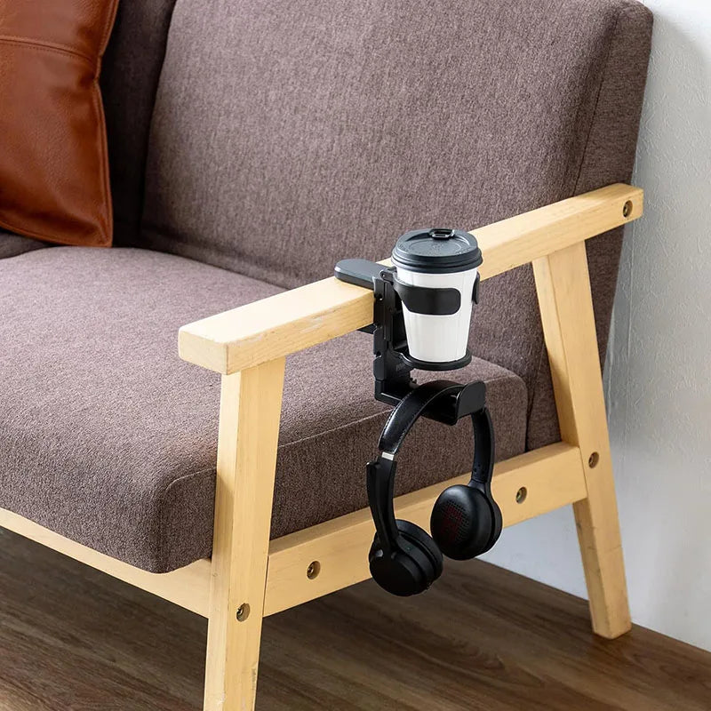Clamp-On Desk Cup Holder with Headphone Hanger 360° Rotating Mug Holder Under Desk Organizer – Black