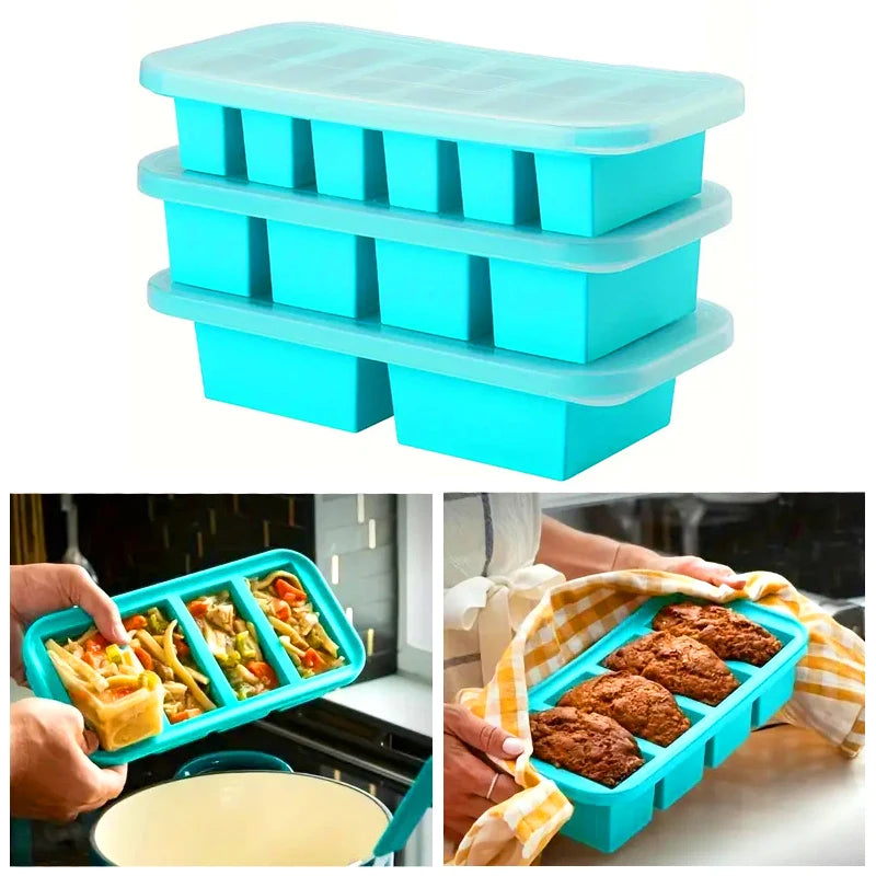 Food Storage Box 2 Grid Silicone Freezer Tray with Lid Reusable Portion Container - Purple