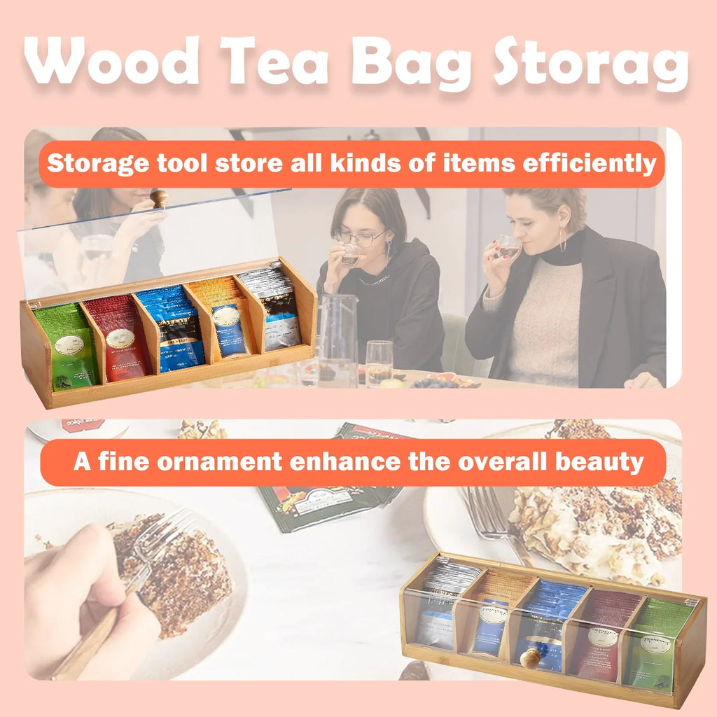Tea Bag Organiser Bamboo Storage Box with 5 Compartments and Clear Lid