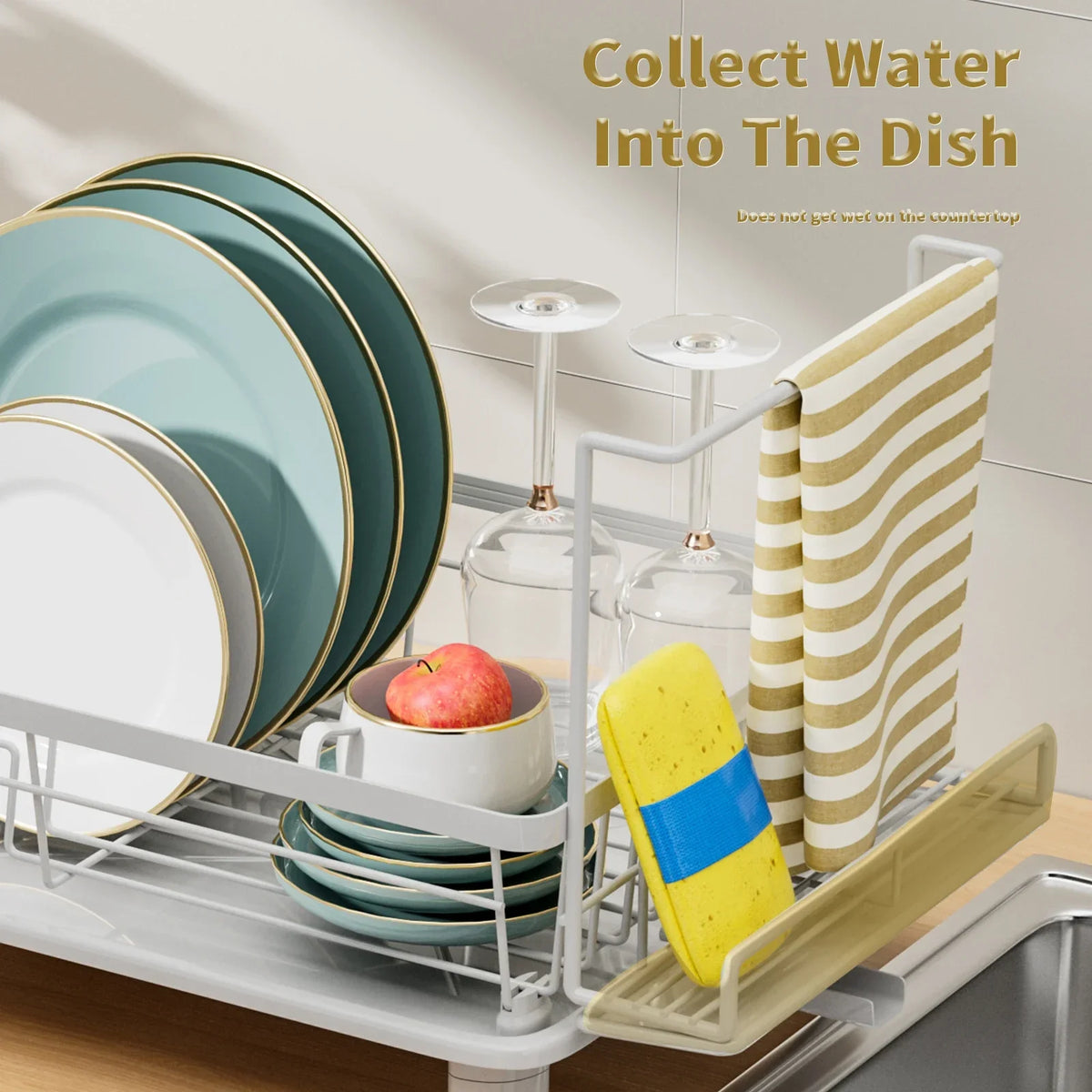 Dish Drying Rack Stainless Steel Style Iron Kitchen Drainer with Drain Tray - Pink