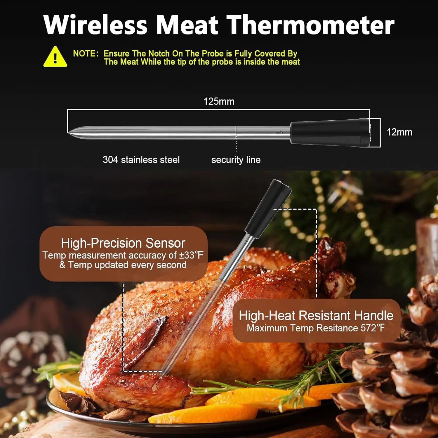 Digital Meat Thermometer Bluetooth 2 Probe 120m Wireless LCD Cooking Thermometer - Black