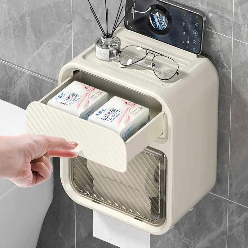 Waterproof Toilet Paper Storage Box Wall Mounted Tissue Holder with Storage Shelf – White