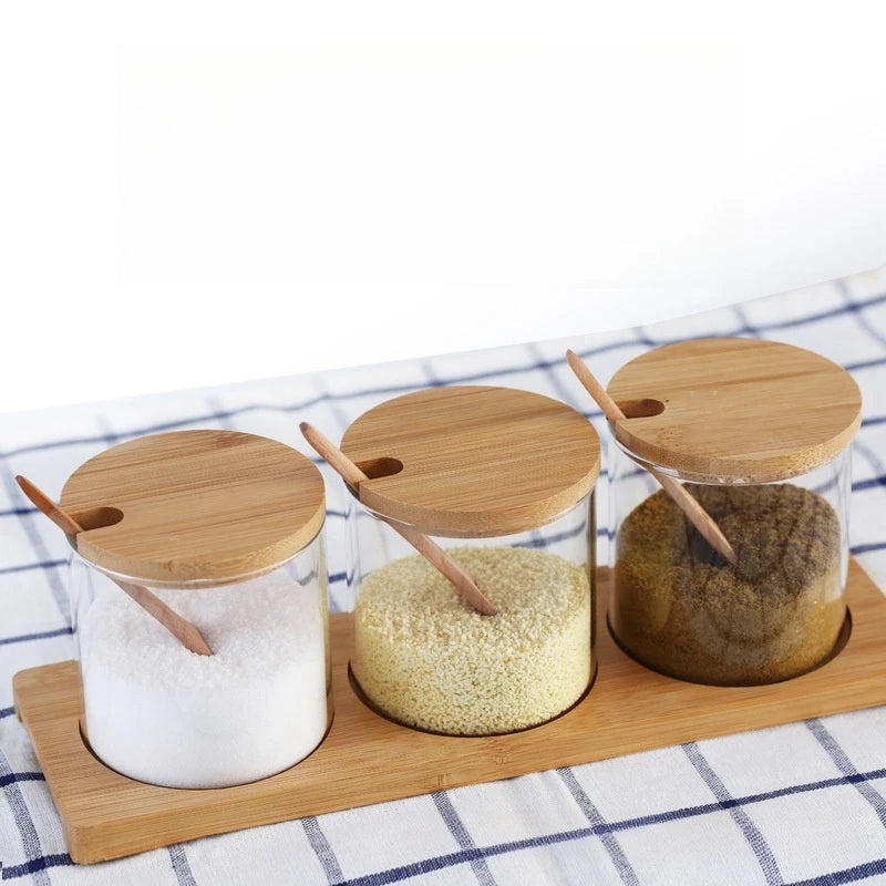 Spice Jar Set 3 Piece Glass 30 cm Bamboo Lid Containers with Spoons for Salt Sugar and Seasonings