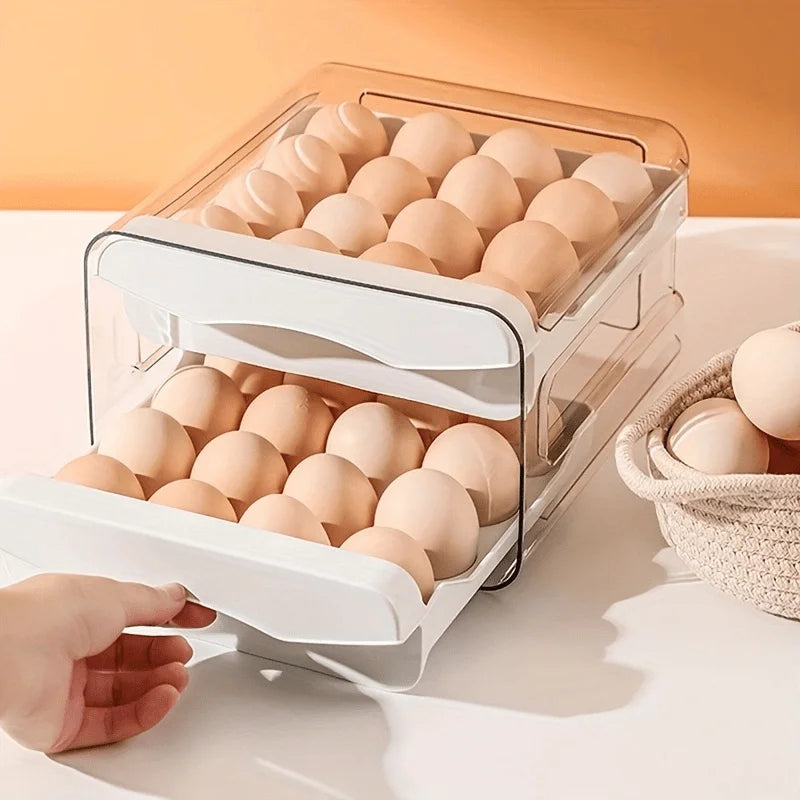 Egg Storage Box 32 Grid 2 Layer Drawer Fridge Organiser with Lid Reusable Container