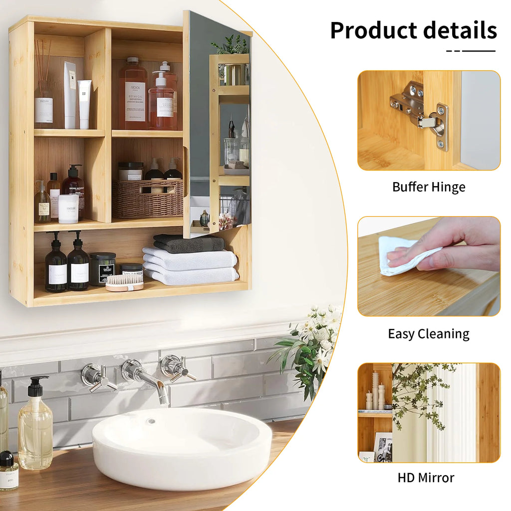 Wall Mounted Bamboo Bathroom Mirror Cabinet with Storage Shelves Medicine Cabinet Organizer – Natural Wood