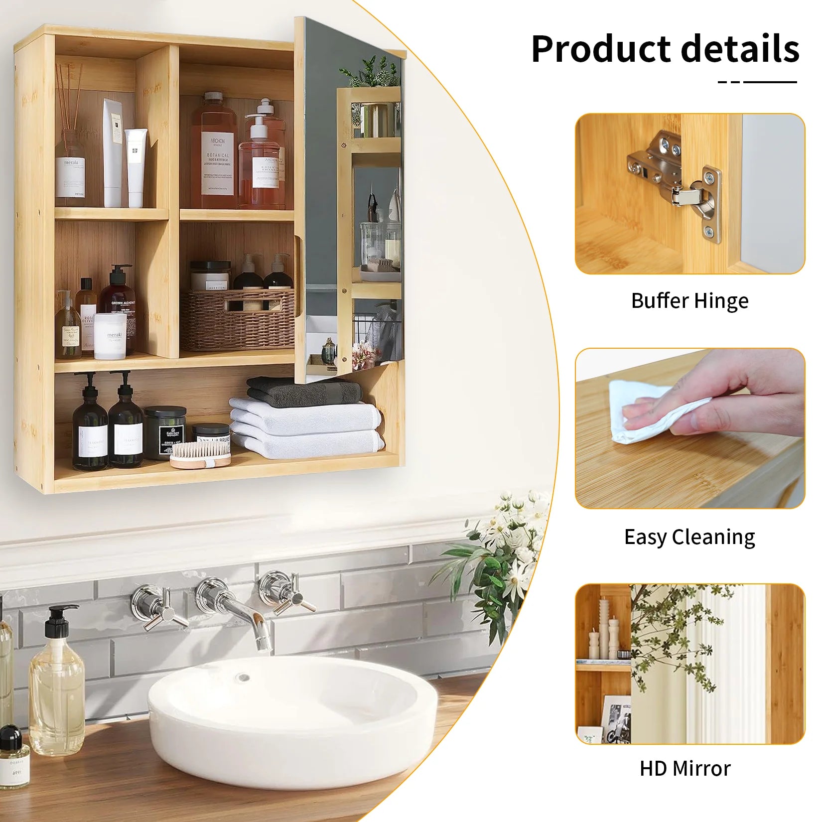 Wall Mounted Bamboo Bathroom Mirror Cabinet with Storage Shelves Medicine Cabinet Organizer – Natural Wood