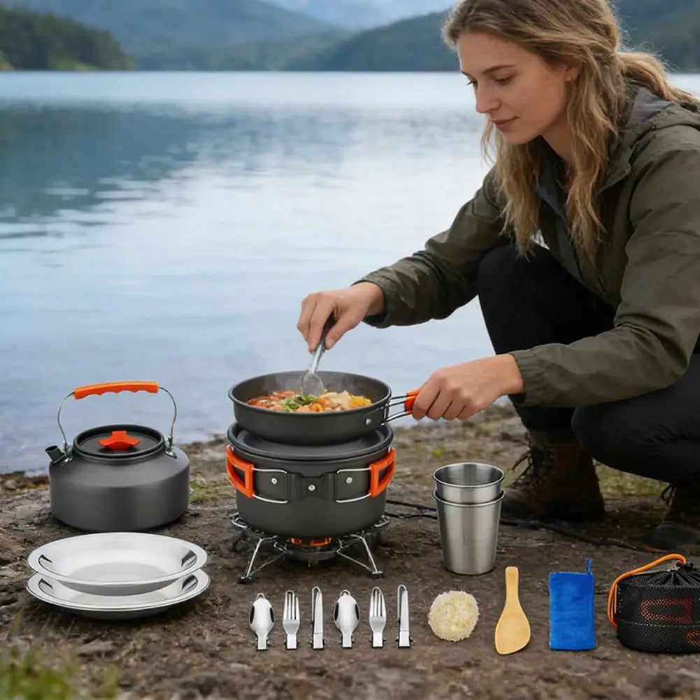 Camping Cookware Set 2-3 Person Aluminum Pots Pans Kettle Kit - Orange
