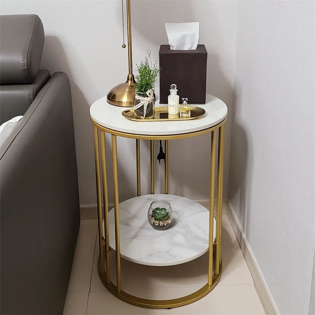 Side Table 40cm Round Marble Look Sintered Stone Top Metal Frame – Gold and White