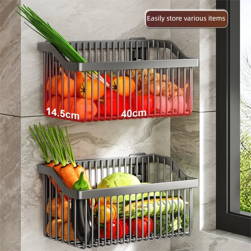 No Drill Wall Mounted Kitchen Storage Rack Metal Spice Organizer Vegetable Basket Shelf – Black
