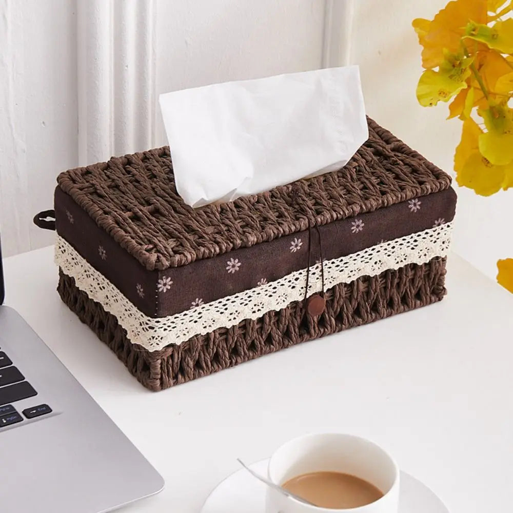 Handwoven Rattan Tissue Box Cover with Lid Decorative Napkin Holder for Living Room Bathroom Dining Table – Beige