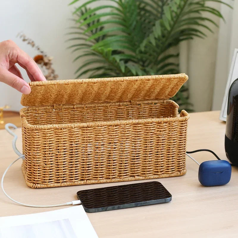 Rattan Cable Management Box Handmade Woven Cord Organiser for Desk & TV - Brown