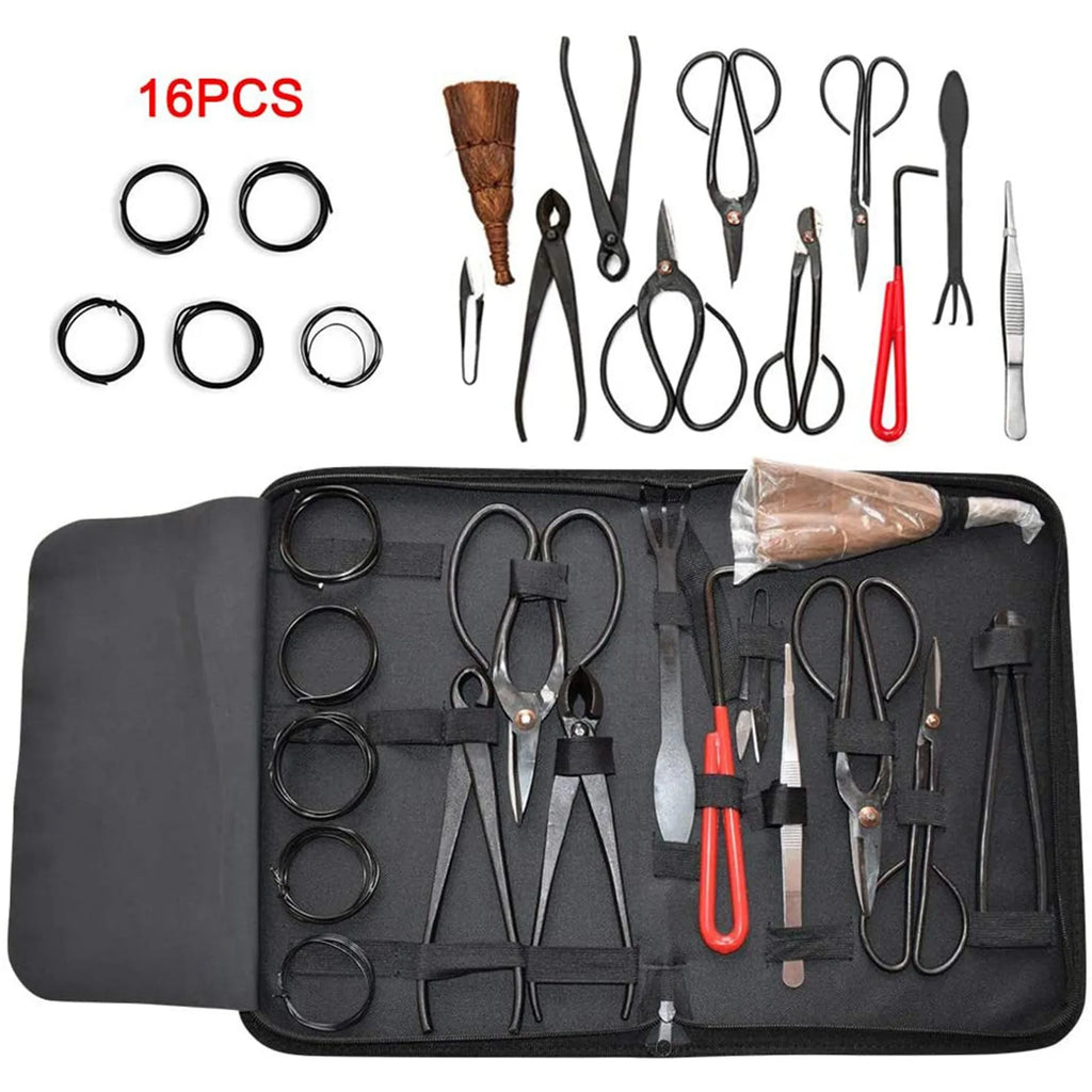 Bonsai Pruning Tool Set Heavy Duty 16 Piece Stainless Steel Gardening Shears Kit with Storage Case