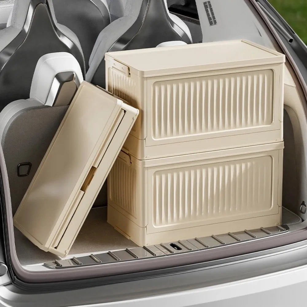 Storage Box with Lid 44 × 27 × 26.5 cm Foldable Stackable PP Organiser - Beige