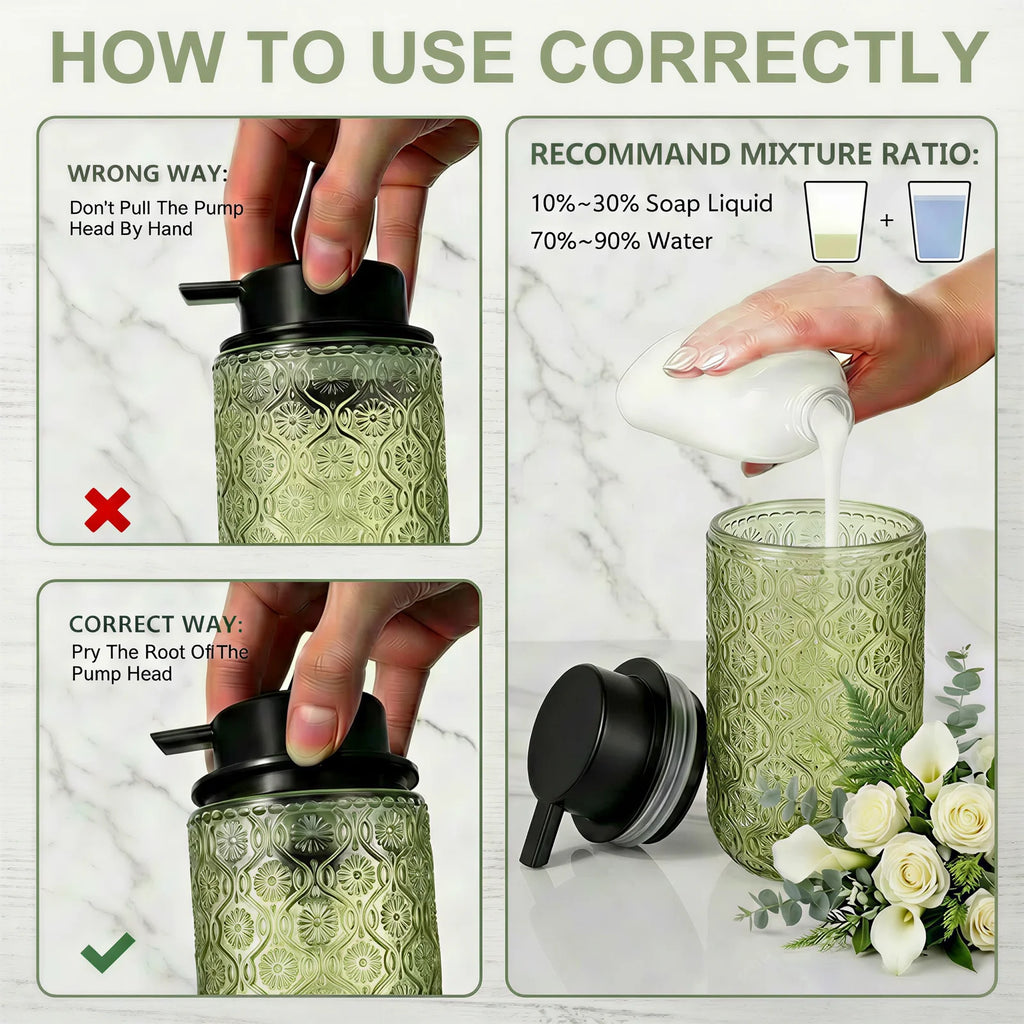 Foaming Soap Dispenser Embossed Glass Pump with Decorative Design - Grey