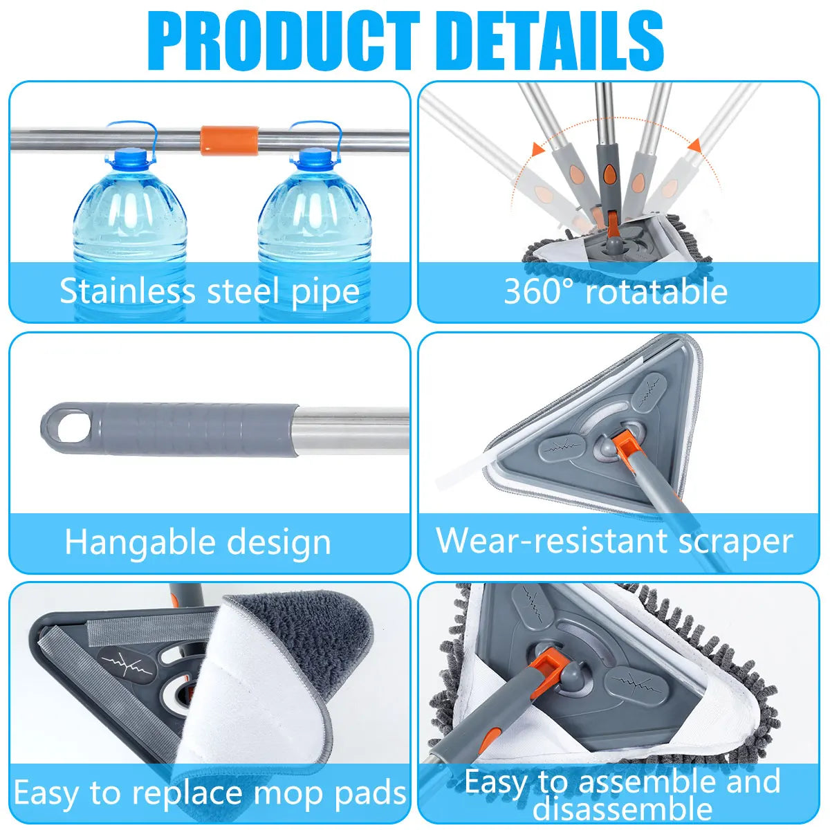 Wall Cleaning Mop 360° Rotating Triangle Head with Extendable Handle 63.5–216cm 6 Reusable Pads - Multi Piece Set
