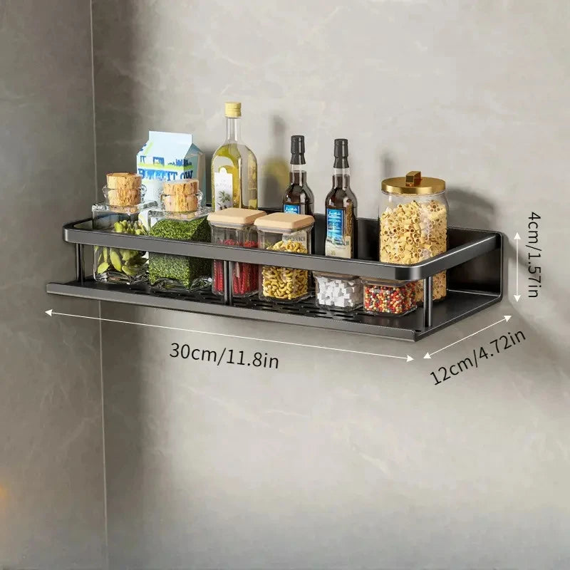 Wall Mounted Aluminum Kitchen Spice Rack with Hook Bar Storage Shelf Organizer – 30cm