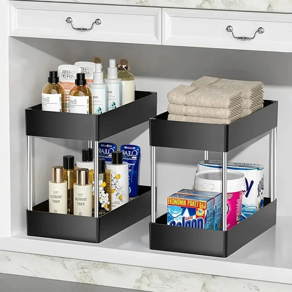 2 Tier Under Sink Storage Organizer with Sliding Drawer and Side Hooks Cabinet Shelf Rack – Black