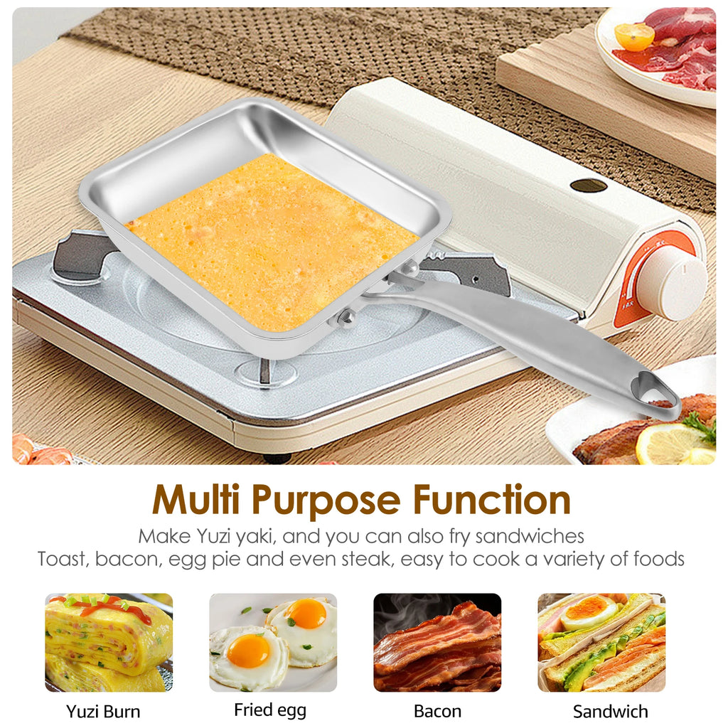 Tamagoyaki Pan 19 × 16 × 4 cm Stainless Steel Rectangle Omelette Pan with 17.5 cm Handle