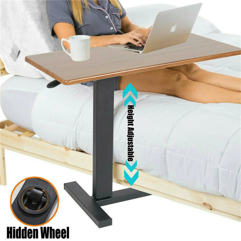Overbed Laptop Table Adjustable Height Rolling Desk 80cm Wooden Top Bedside Stand - Brown