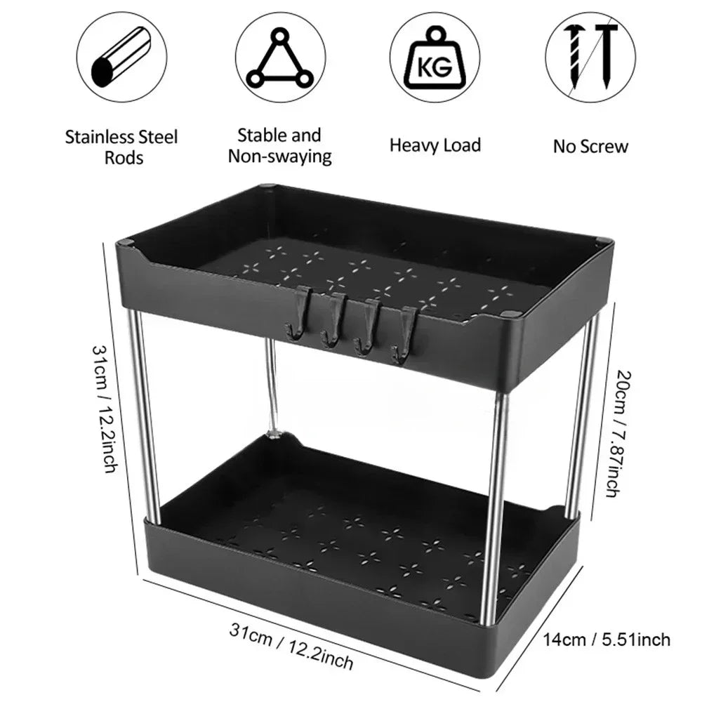 2 Tier Under Sink Storage Organizer with Sliding Drawer and Side Hooks Cabinet Shelf Rack – Black