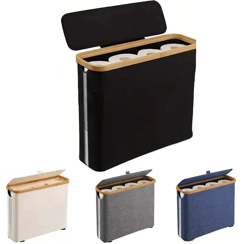 Toilet Paper Storage Basket 12 Roll Foldable Organiser with Bamboo Frame and Lid - Grey